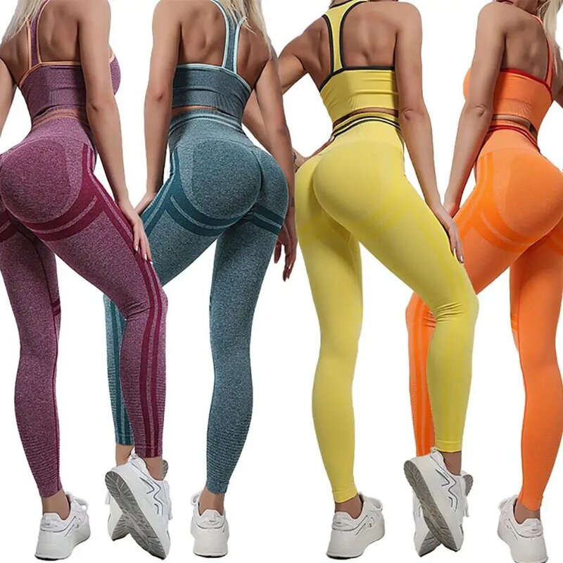 Pakaian Gym Wanita 2 Buah Set Yoga Setelan Kebugaran Set Lari Bra Olahraga Mulus Legging Pinggang Tinggi Ketat Pakaian Olahraga Seksi