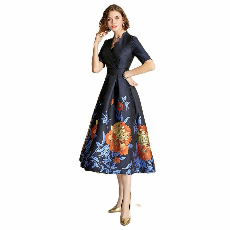 Tailor متجر الخامس الرقبة البحرية luxur منتصف طول فستان سليم مأدبة الديباج أم العروس فستان حجم كبير