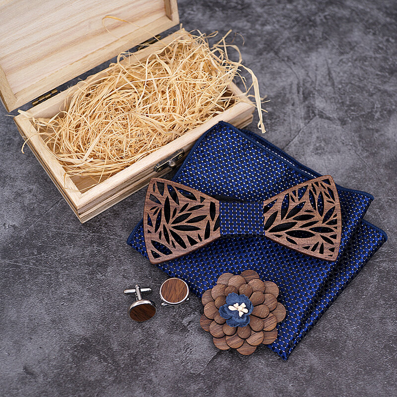 Pajarita de madera tallada para hombre, conjunto cuadrado de bolsillo, azul marino, Floral, caja de boda, novedad, T201, 2020