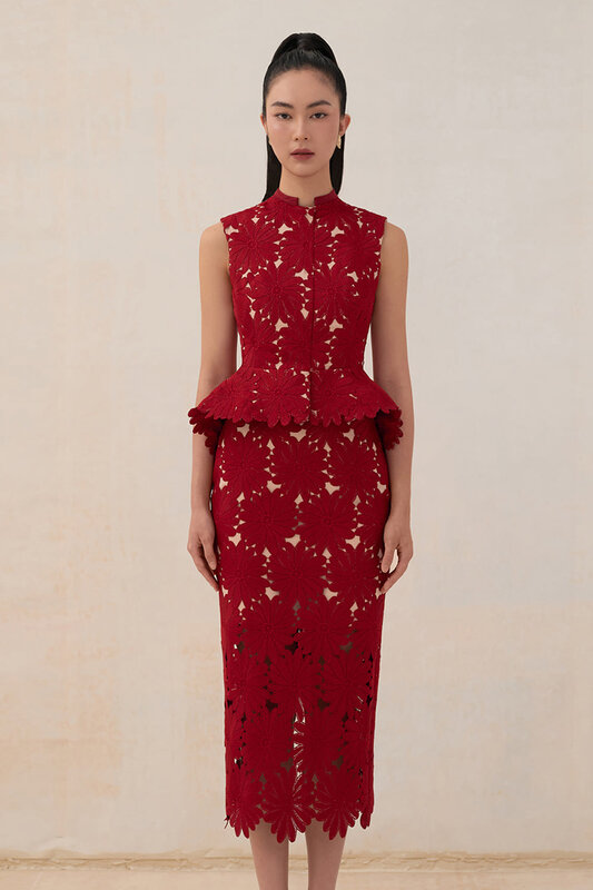 Jupe en dentelle chrysanthème rouge pour tailleur, haut péplum, tenue de princesse semi-formelle, luxe abordable, 600