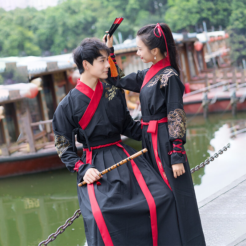 Китайское платье красного цвета для влюбленных, черное платье ханьфу, женские платья с вышивкой, китайский стиль, костюм для народных танцев, традиционная одежда для косплея