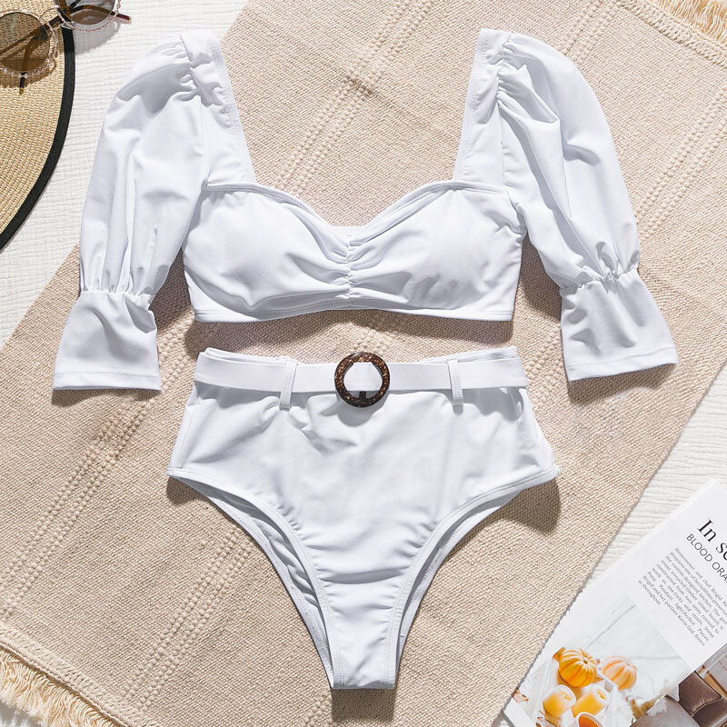Vintage high waist swimwear women bathers Ruffle swimsuit female Push up bathing suit Solid white bikini set 2019 Retro biquini