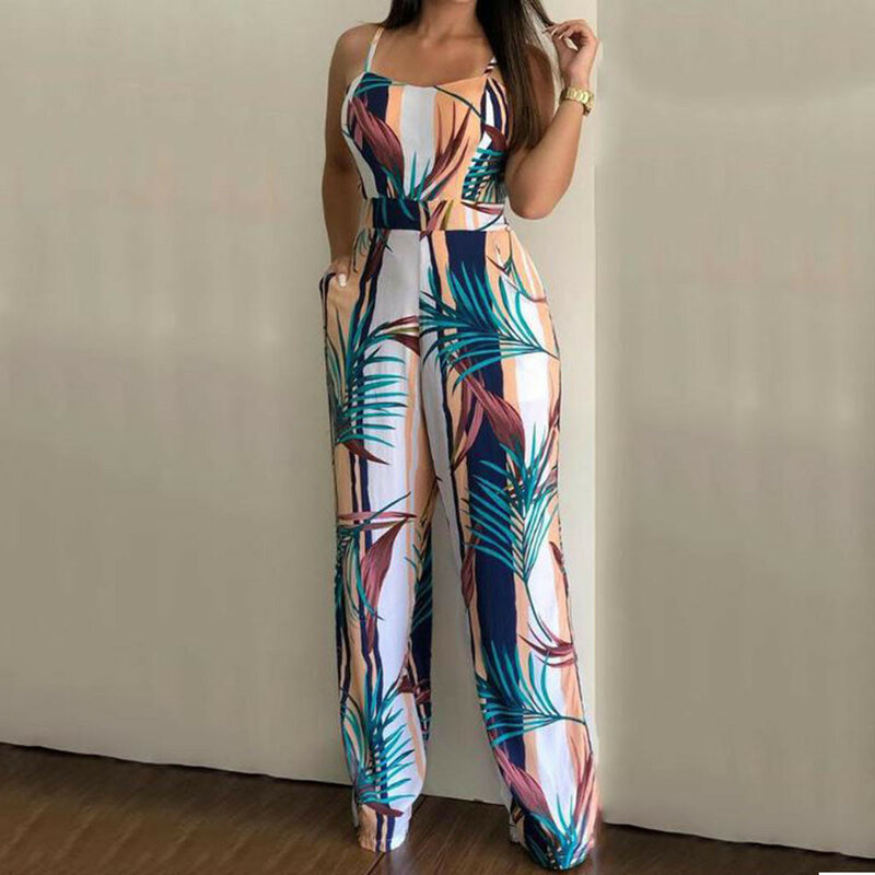 2020 Streetwear femmes RompersWomen sans manches feuille imprimer combinaison décontracté Clubwear jambe large combishort combinaison solide bouton