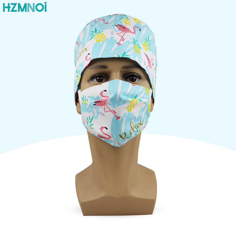 The new operating room hat mask doctor nurse nurse cap cotton men and women pharmacy cap printing breathable cotton adjustable