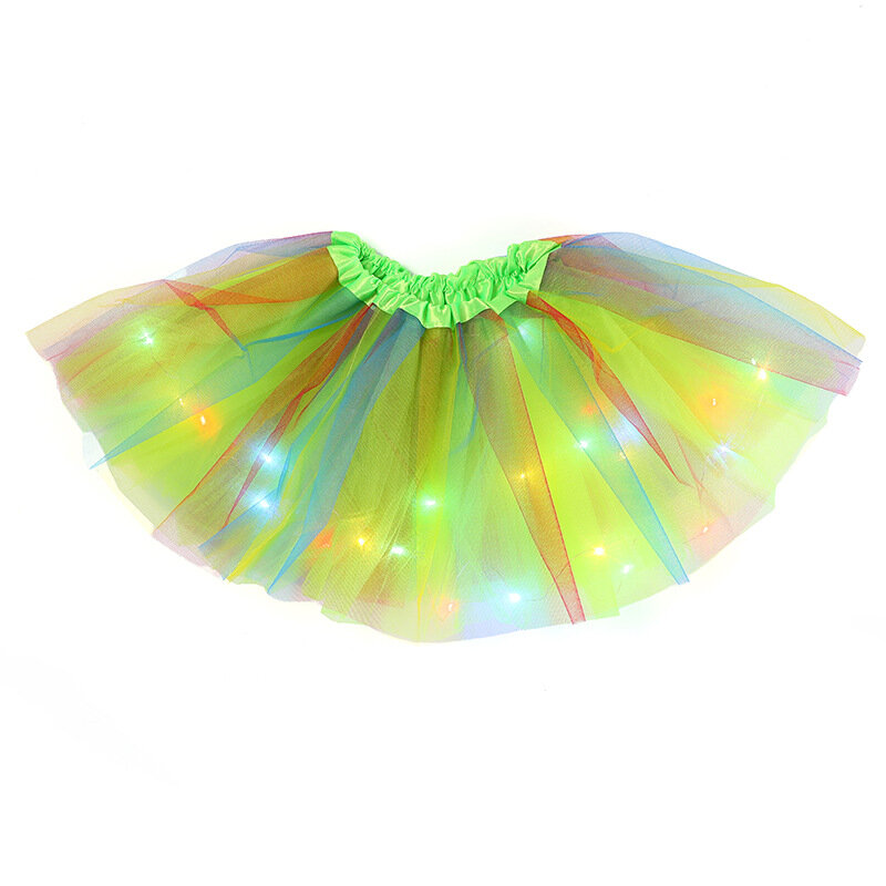 Ballet Dança Arco-íris Saia de tule para meninas, luz LED brilhante, tutu curto, ballet dancewear, traje de festa, vestido de baile, mini saia