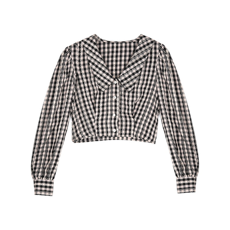 여성 블라우스 2020 가을 신제품 인형 칼라 짧은 레트로 격자 무늬 셔츠, 긴 소매 퍼프 슬리브 카디건, 루즈한 패션 상의 셔츠