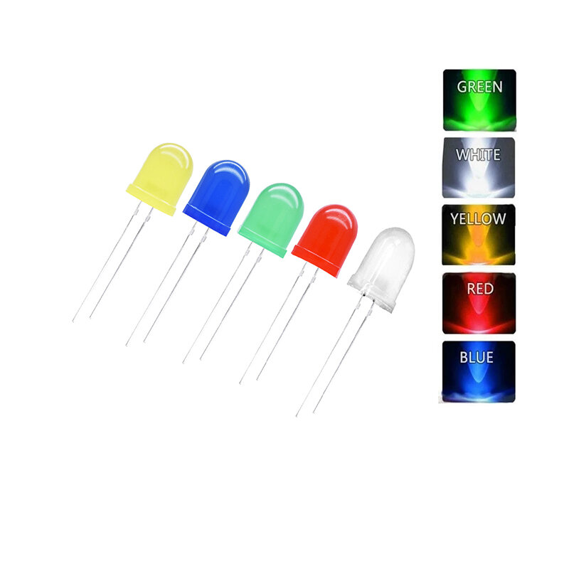 10ชิ้น F10 10มม. 5สี LED สีเขียวแดงเหลืองน้ำเงินขาวลูกปัดคุณภาพแสงสว่างมากไดโอดเปล่งแสงชนิดต่างๆ