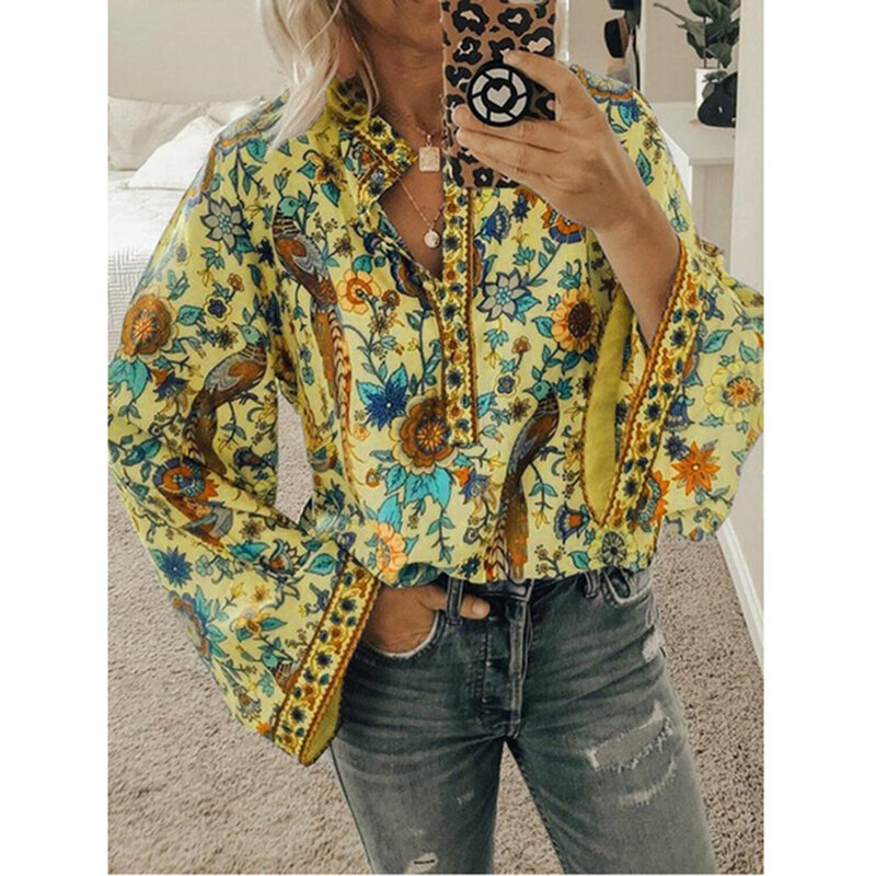 Cinessd 2020 Vrouwen Print Blouses Casual Losse Tops Stand V Hals Lange Mouwen Knop Plus Size Trui Vrouwelijke Tee Shirts blouse