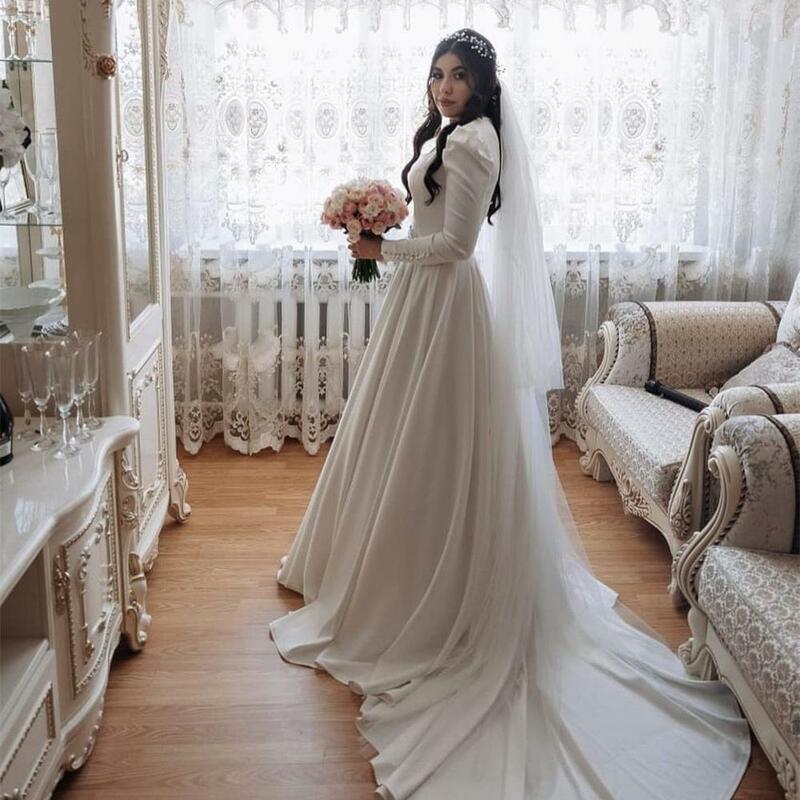 Женское атласное свадебное платье, элегантное белое платье невесты с длинным рукавом и глубоким круглым декольте в стиле часовни, для принцессы, на заказ