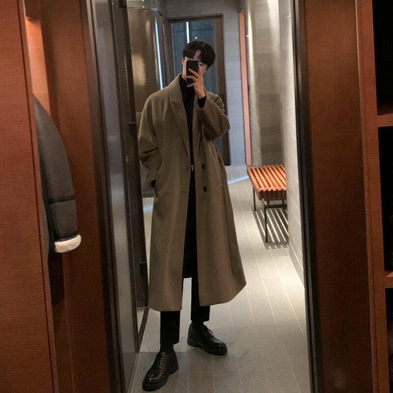 Корейский тренд, мужское свободное повседневное однобортное пальто IEFB, осенне-зимнее Модное новое шерстяное длинное пальто с длинным рукавом, 9D1655