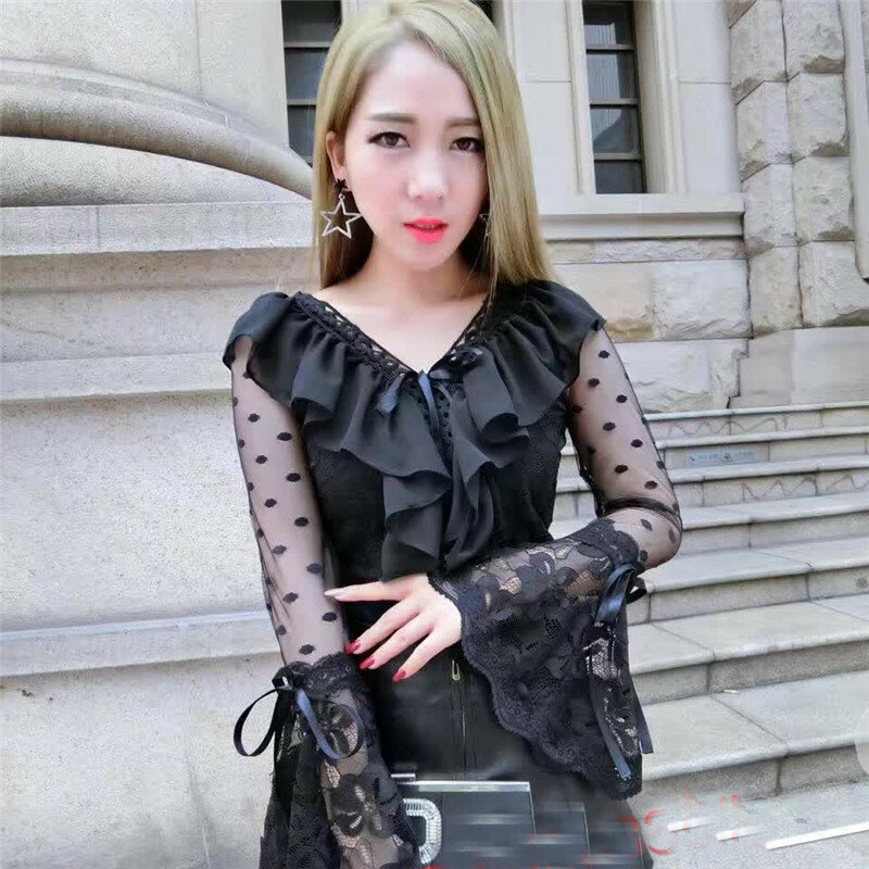 New Women Ruffles Long Sleeve Blouse Spring Autumn V-Neck Bow Hloow Out Lace Shirt Female Flare Sleeve Mesh Blouses Tops AB1849