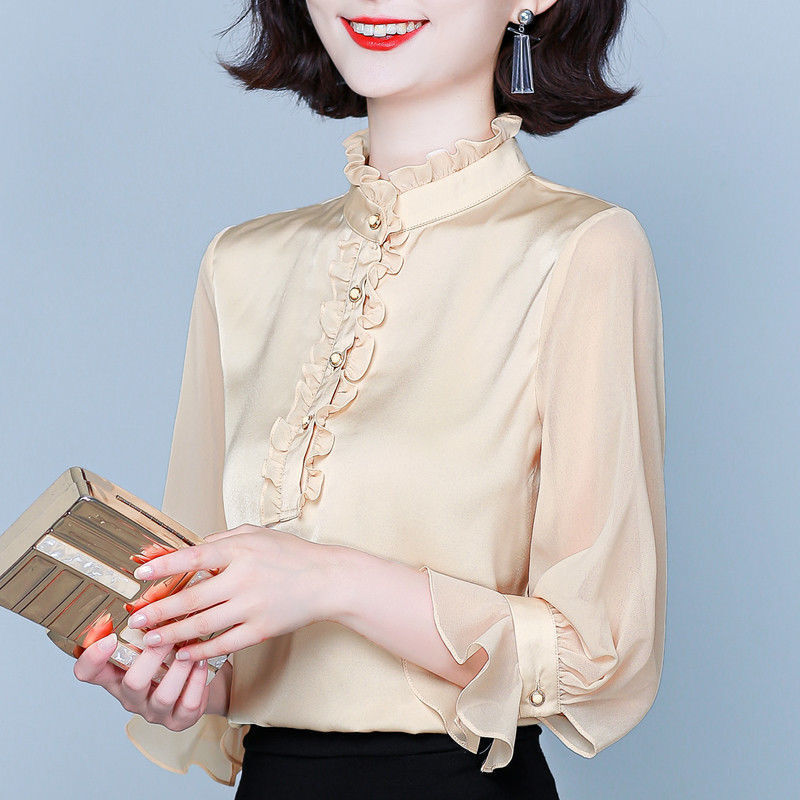 Blusa femenina de seda satinada con manga larga y volantes para oficina, Camisa femenina con cuello levantado para mujer, corte real y Palacio