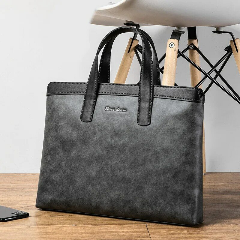 Bison denim bolsa de couro genuíno para homens, bolsa de trabalho de alta capacidade para laptop, 13.5 tamanhos