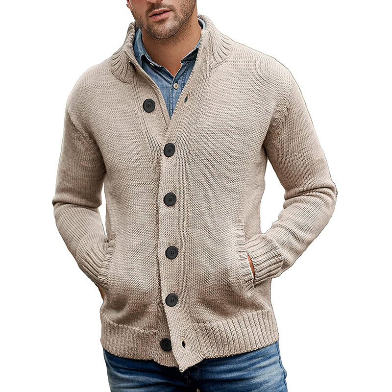 Suéter de algodón con bordado de dibujos animados para hombre, chaqueta Lisa ajustada de manga larga con cuello en V y una hilera de botones para primavera y otoño