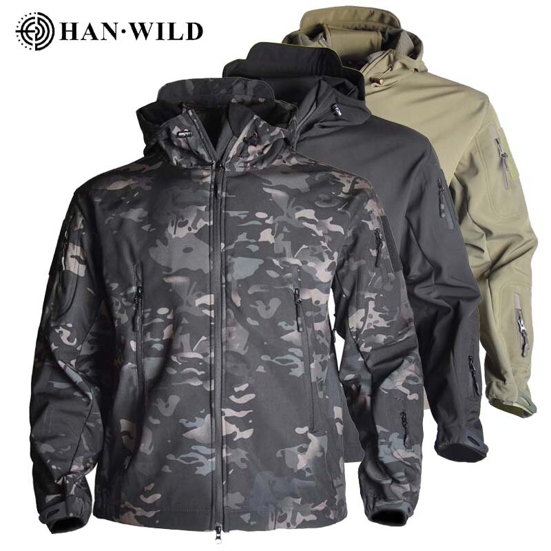 HAN WILD-Casacos impermeáveis de caça ao velo para homens, jaqueta tática militar macia, roupas de combate masculinas, casaco multicam, blusão, 5XL