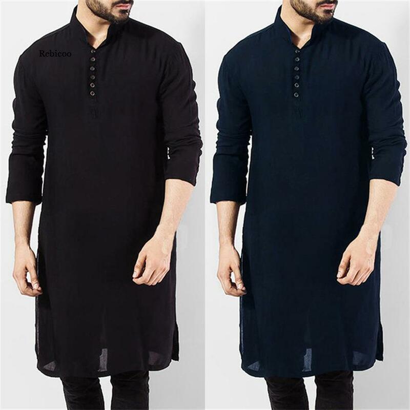 Мужская модная простая длинная Мужская рубашка в арабском стиле, мусульманский Халат