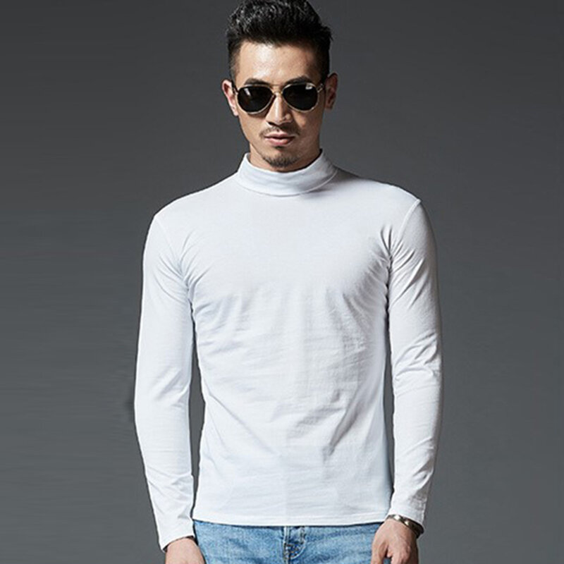 Мужская Тонкая футболка с высоким воротником и длинными рукавами, повседневная Облегающая водолазка, Зимние Теплые Топы, пуловер, Однотонная футболка