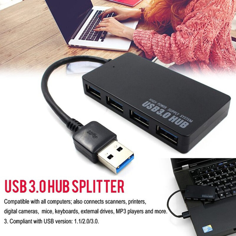 USB 3.0 Hub 4 Port High Speed Slim Compact Expansion Splitter