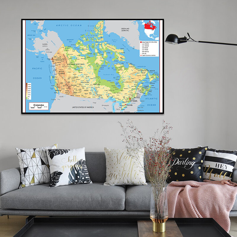 Mapa topograficzna kanady w języku francuskim 90*60cm obrazy na płótnie plakaty i druki obrazy na ścianę materiały do pokoju klasy