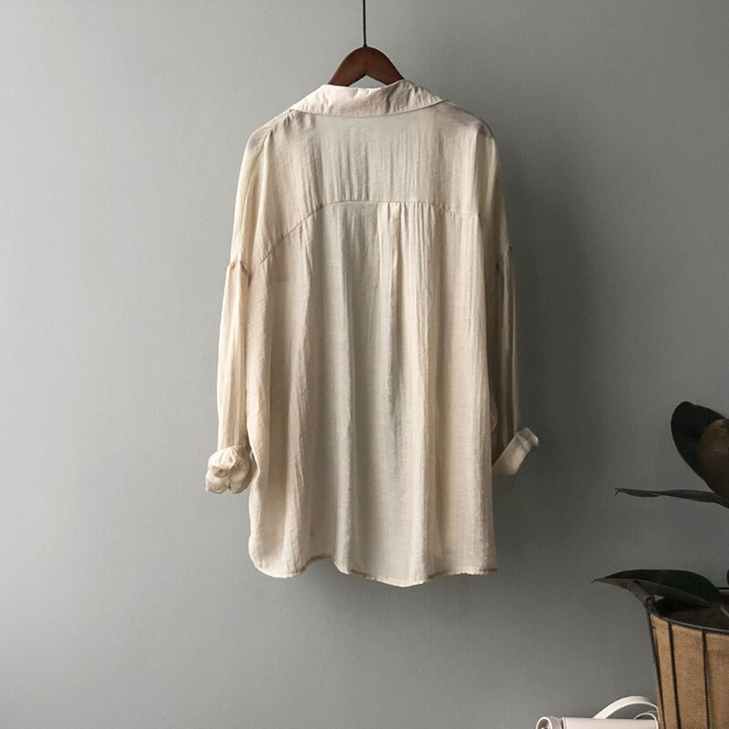 Sisjuly simples feminino blusa simples verão nova coreano algodão protetor solar camisa feminina fina solta cor sólida camisas longas casual topos