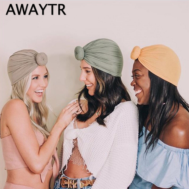 AWAYTR-عمامة نسائية ، قطن ، لون خالص ، عقدة داخلية ، حجاب ، أغطية رأس أفريقية ، أغطية رأس هندية