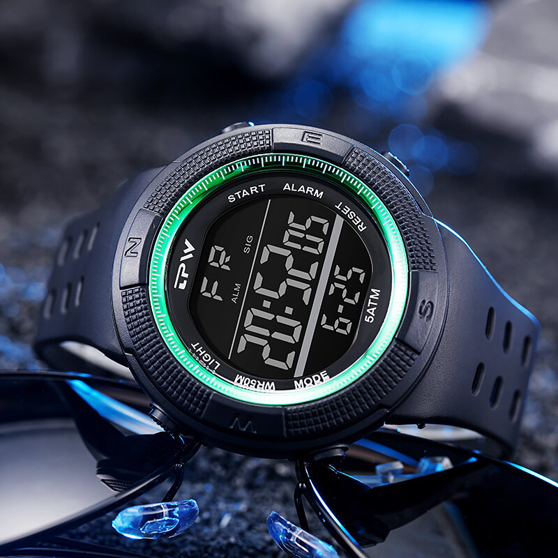Reloj deportivo con pantalla negativa, resistente al agua hasta 5atm, calendario semanal