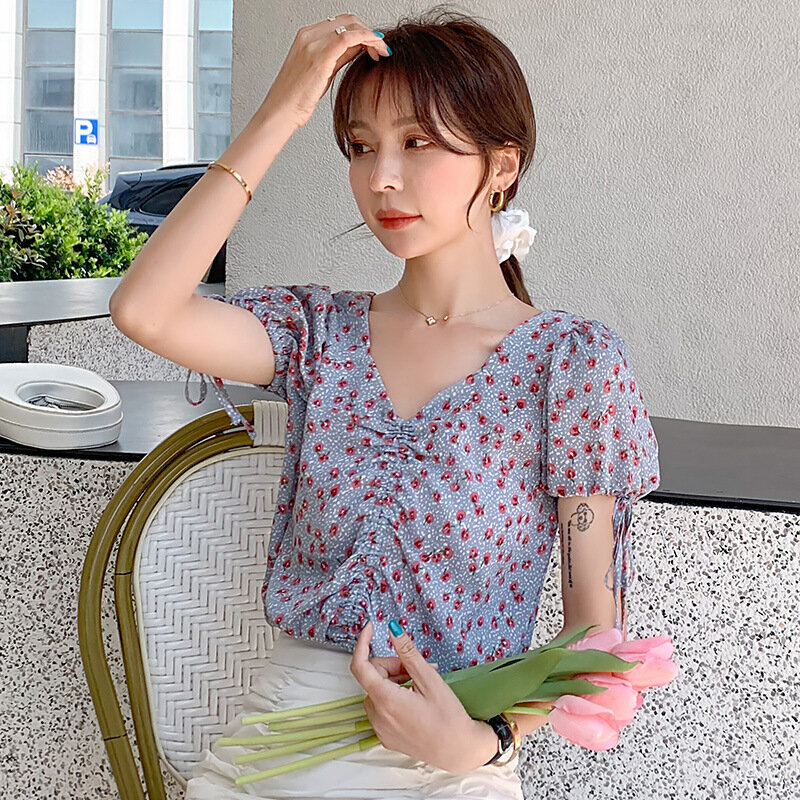 Tops de gasa con estampado Floral para mujer, blusas coreanas de gasa con cuello en V, manga abombada con cordón, 2020