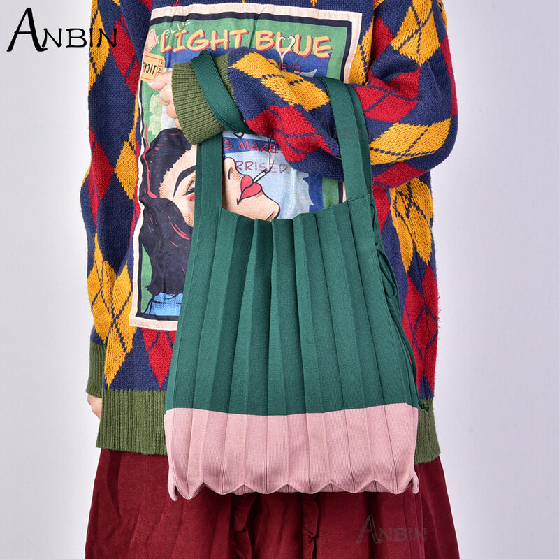 Vrouwelijke Wol Gebreide Pleats Tote Orgel Zak Designer Chic Stiksels Contrast Koreaanse Mode Schouder Shopper Handtas Voor Vrouwen