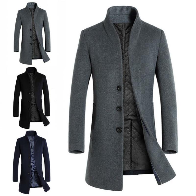 Nowi mężczyźni zimowy ciepły jednokolorowy wełniany płaszcz francuski znosić płaszcz długi płaszcz