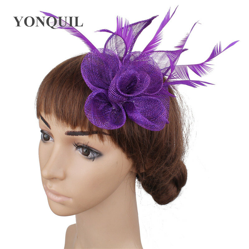 Sinamay Flower Wedding Headwear Bride Elehgant Women Fashion Fascinator Hat With Fancy Feather Hair Accessories And Hair Clip