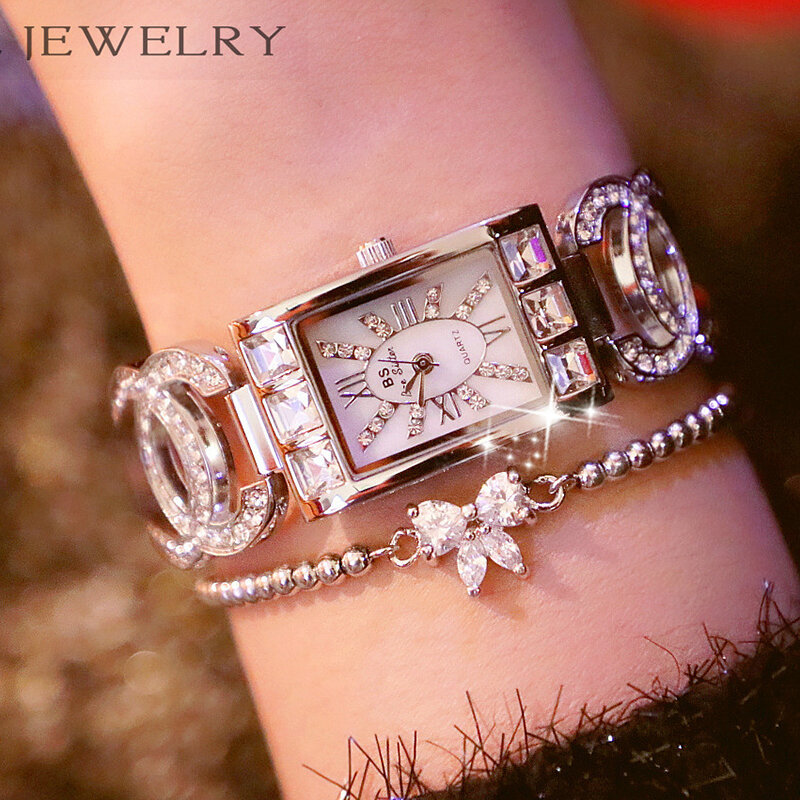 Relógios luxuosos para mulheres, da moda, para moças, de quartzo, vestido, pulseira de cristal, com data, para mulheres