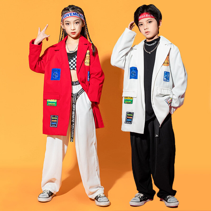 Kid Kpop Hip Hop Clothing White Red Long Blazer Coat Tank Crop Top Streetwear Casual Pants for Girl Boy Dance Costume Clothes