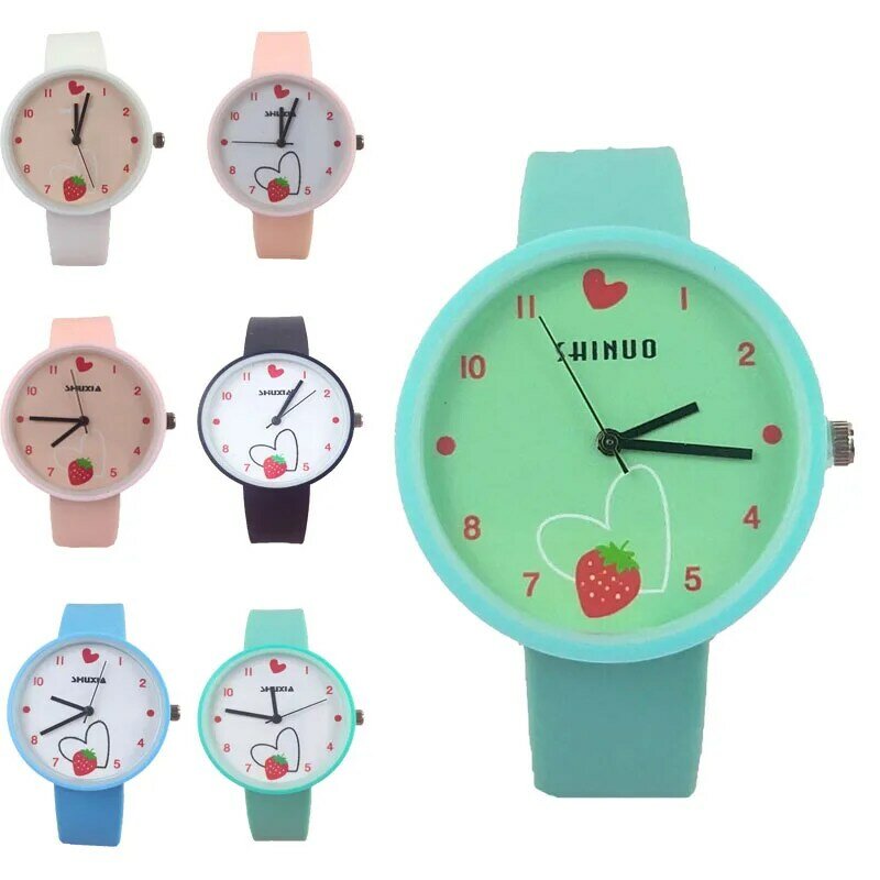 Reloj de cuarzo deportivo para niños y niñas, pulsera de 5 colores con diseño de fresa de dibujos animados y amor, regalo de Navidad