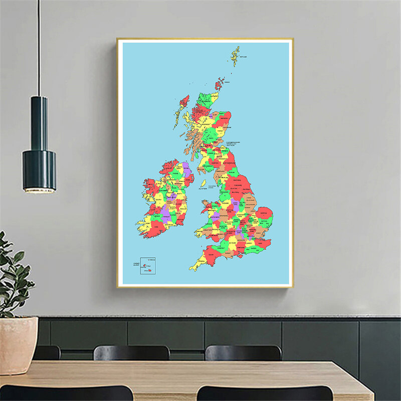 Póster de pared del mapa del Reino Unido, lienzo no tejido, pintura para sala de estar, decoración del hogar, suministros escolares, 100x150cm