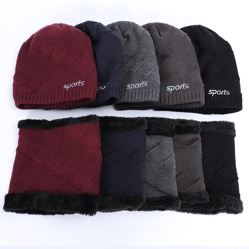 2019 winter new knit hat  men's suit hat scarf  fur lining thick warm balaclava ski fashion high quality cotton cap  cold riding