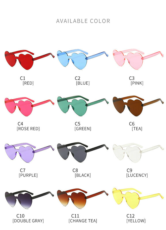 Vintage Cute Sexy Sunglasses Women Retro Love Heart Rimless Luxury Pink Black Red Colorful Sun Glasses Eyewear Candy Color UV400