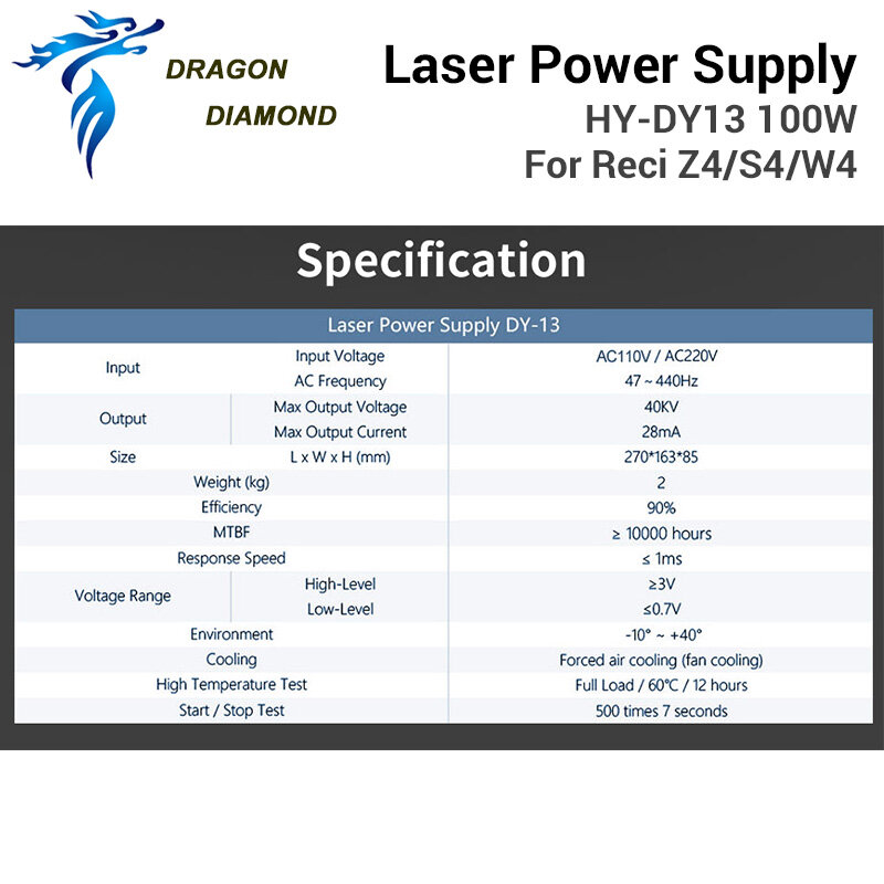 Alimentation laser DY13 100W Co2, pour machine de gravure/découpe de tube laser RECI Z2/W2/ltCo2 série DY