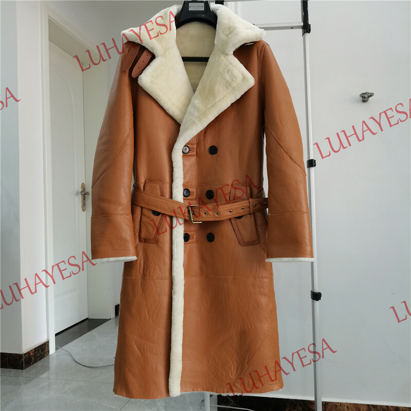 Extra longo casaco de pele de carneiro couro genuíno masculino formal inverno grosso jaqueta natural shearling casaco de pele dos homens 7xl