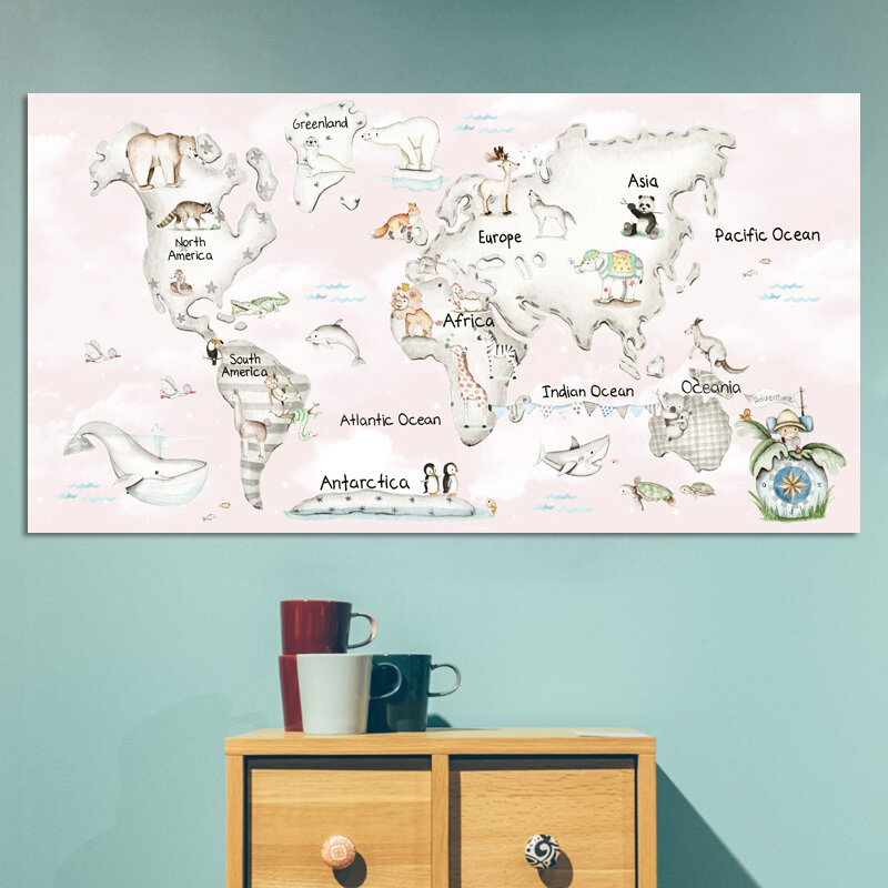 Colorful Carton Animal World Map Poster Size Wall Decoration Large Map of The World 100x52cm Waterproof canvas map