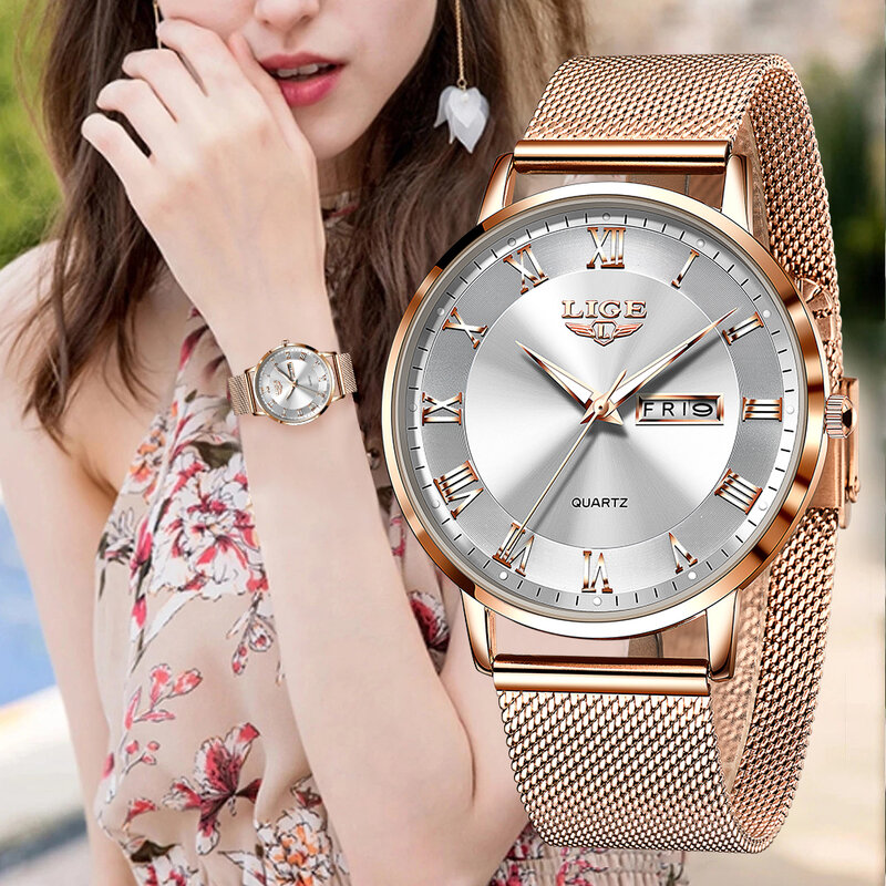 LIGE marka kobiety zegarki ultra-cienki luksusowy zegarek kwarcowy moda damska zegar ze stali nierdzewnej wodoodporny kalendarz tydzień zegarek