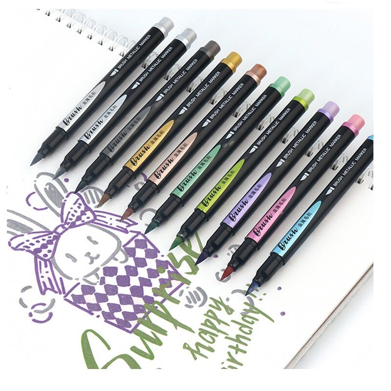 DS 10pcs Color Soft TIP Brush pen Art Metallic Marker Pen Set 1-7mm for Drawing Painting Calligraphy Lettering School