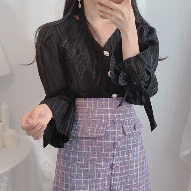 2020 donne di Estate Carino Dolce Magliette E Camicette Vendite Calde Temperamento Della Signora Coreana di Stile Giapponese Pulsante Camicia Nera E960