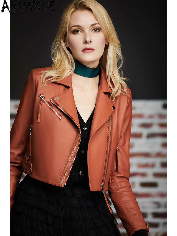 AYUNSUE – veste en cuir véritable pour femme, manteau en peau de mouton, vert, coréen, vêtements pour moto, 2021, LW4843