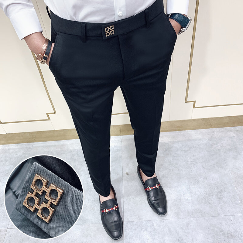 Celana Pria Musim Semi 2022 Celana Panjang Pergelangan Kaki Kasual Pria Slim Fit Korea Streetwear Pria Kualitas Tinggi Hitam Abu-abu Gaun Setelan Celana Pria