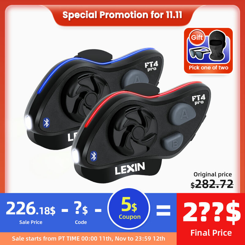 Lexin-intercomunicador para capacete, modelo ft4 pro, 4 pilotos, bluetooth, com farol, fones de ouvido para ciclismo