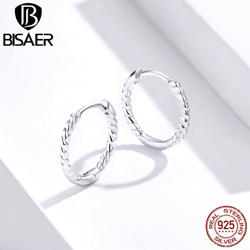 BISAER 925 Sterling Silver Twisted Wave Hoop Earrings Classic Hypoallergenic Ear Buckles for Women Party Fine Jewelry ECE841