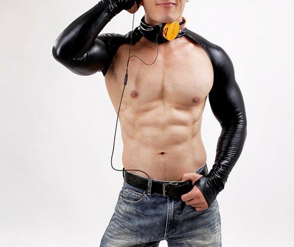 Top de ombro masculino de couro sintético, traje cropped sensual de retalho, manga comprida para homens, traje de palco com musculação, tanques exóticos gay
