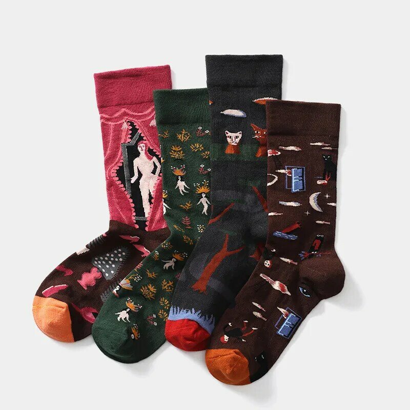 Новинка, креативные жаккардовые уютные носки из чесаного хлопка для женщин и мужчин, забавные Спортивные Повседневные Разноцветные носки с абстрактным искусством