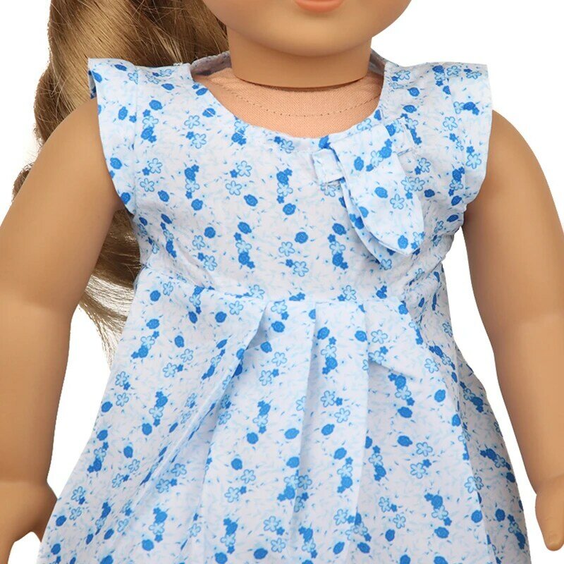 Boneca americana de 18 polegadas, brinquedo para bonecas para meninas, vestido de listras, roupa azul de terno para bonecas de 43 cm