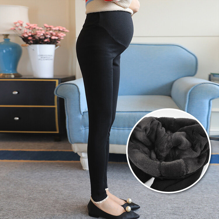 Zima kobiety w ciąży czarne legginsy dla macierzyństwa ciepłe spodnie z miękkiego aksamitu ciąża wewnętrzne wełniane ubrania Ropa Mujer Embarazada